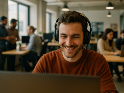 Software Entwickler schuat glücklich auf seinen Bildschrim im Büro